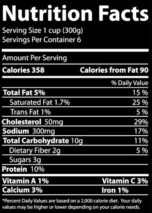 A Nutrition Facts label showing 358 calories per cup serving, 5% total fat, 50mg cholesterol, 300mg sodium, 10g carbs, 10% protein, and vitamin and mineral percentages