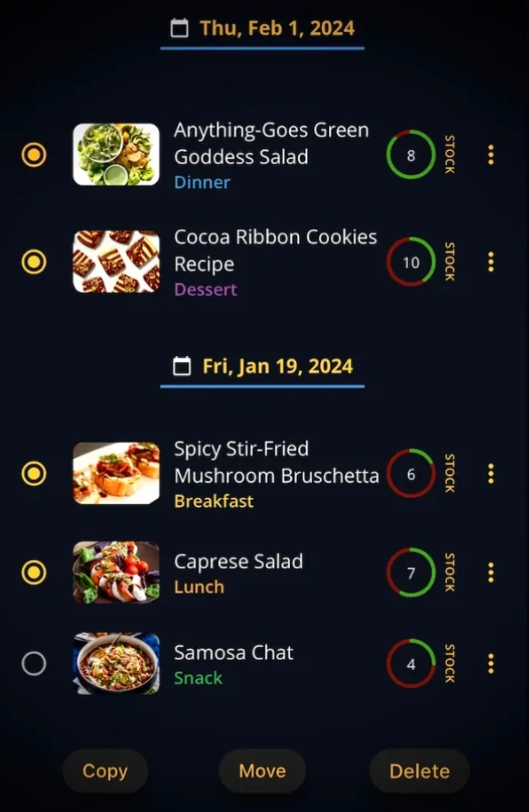 A multi-day plan with Anything-Goes Green Goddess Salad, Cocoa Ribbon Cookies, Spicy Stir-Fried Mushroom Bruschetta, Caprese Salad and Samosa Chat selected, with Copy, Move and Delete actions at the bottom
