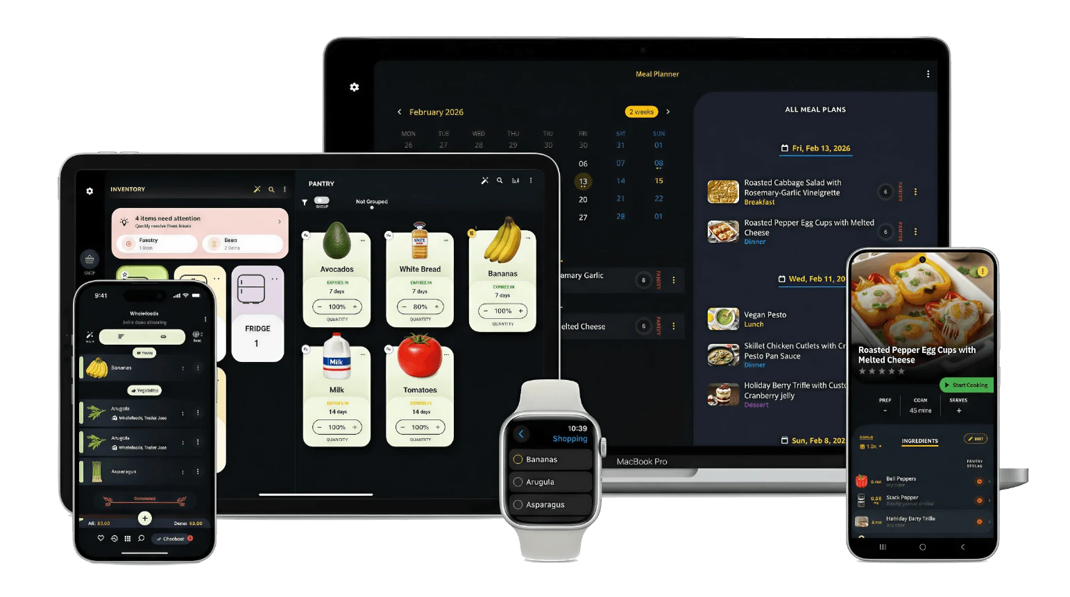 Grocery AI on iPhone, iPad, Apple Watch, MacBook Pro and Android — pantry, meal planner, recipe view, and shopping list all in sync
