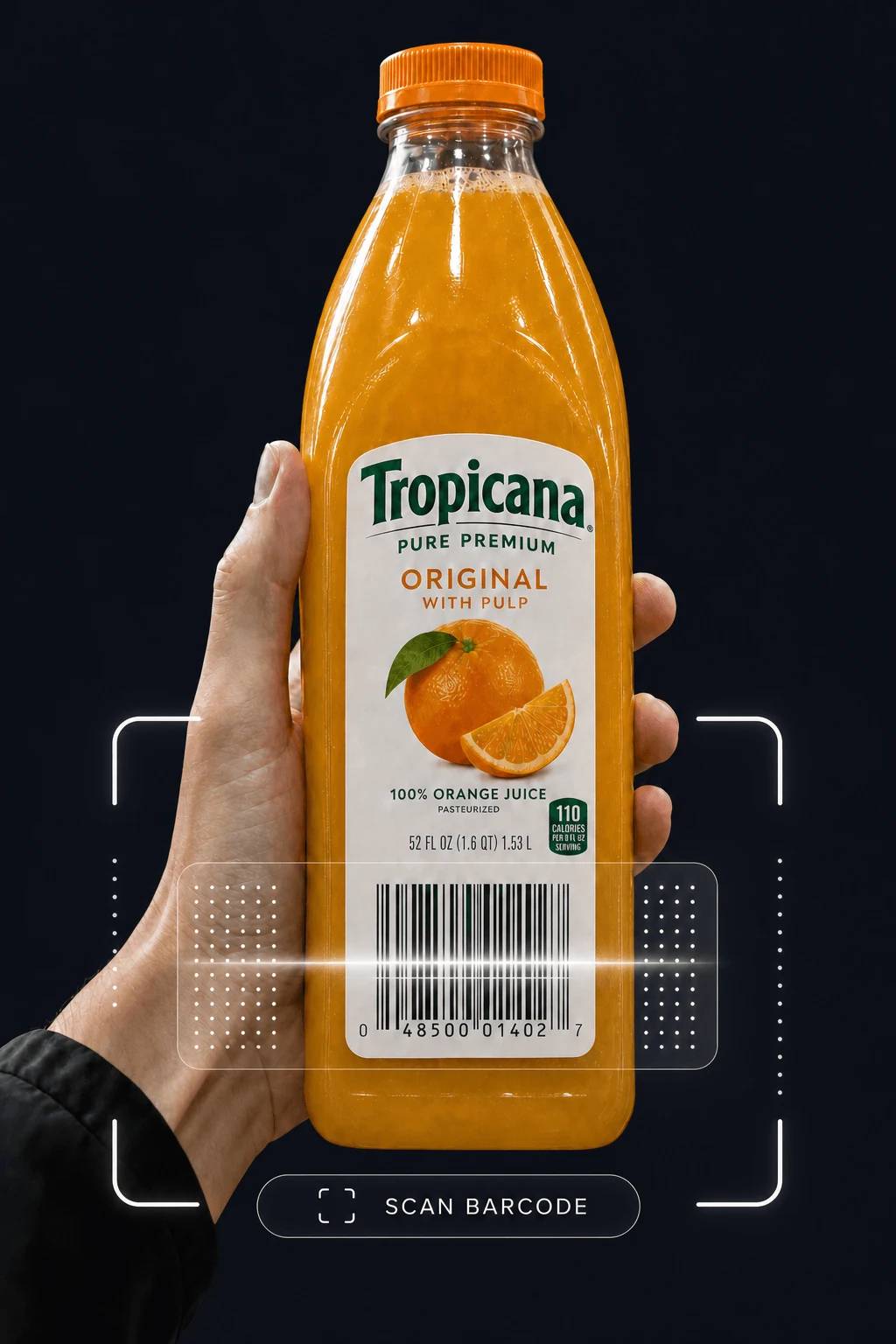 A hand holding a Tropicana orange juice bottle being scanned — barcode highlighted with a sweep line and a SCAN BARCODE pill below