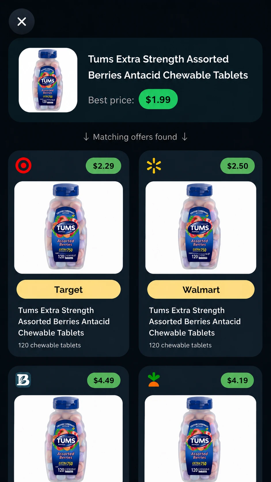 Price comparison screen showing Tums Extra Strength tablets at $1.99 best price, with Target at $2.29 and Walmart at $2.50