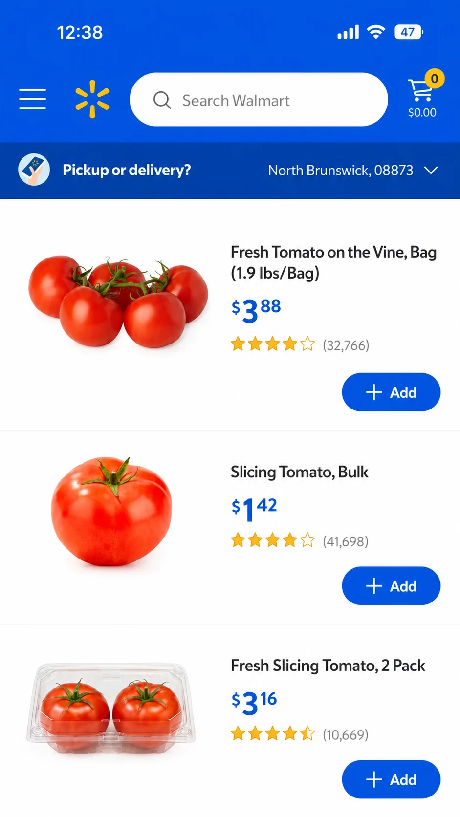 Walmart app showing live tomato pricing — Fresh Tomato on the Vine $3.88, Slicing Tomato $1.42, 2-pack $3.16