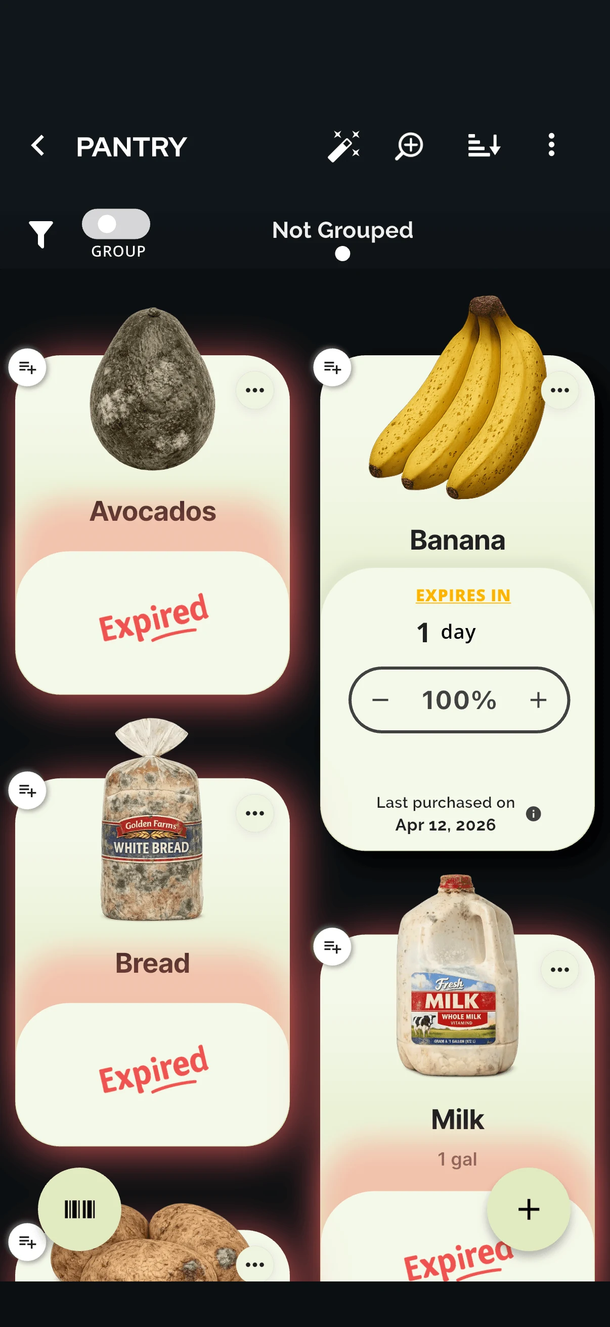 Pantry view showing expired items moved to the top